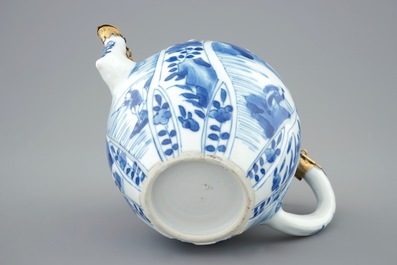 A fine blue and white Chinese teapot and cover with gilt silver mount, Kangxi